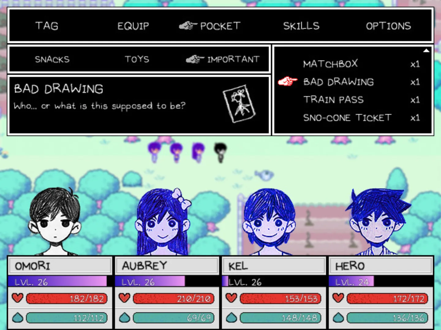 Omori party menu and named characters gameplay screenshot