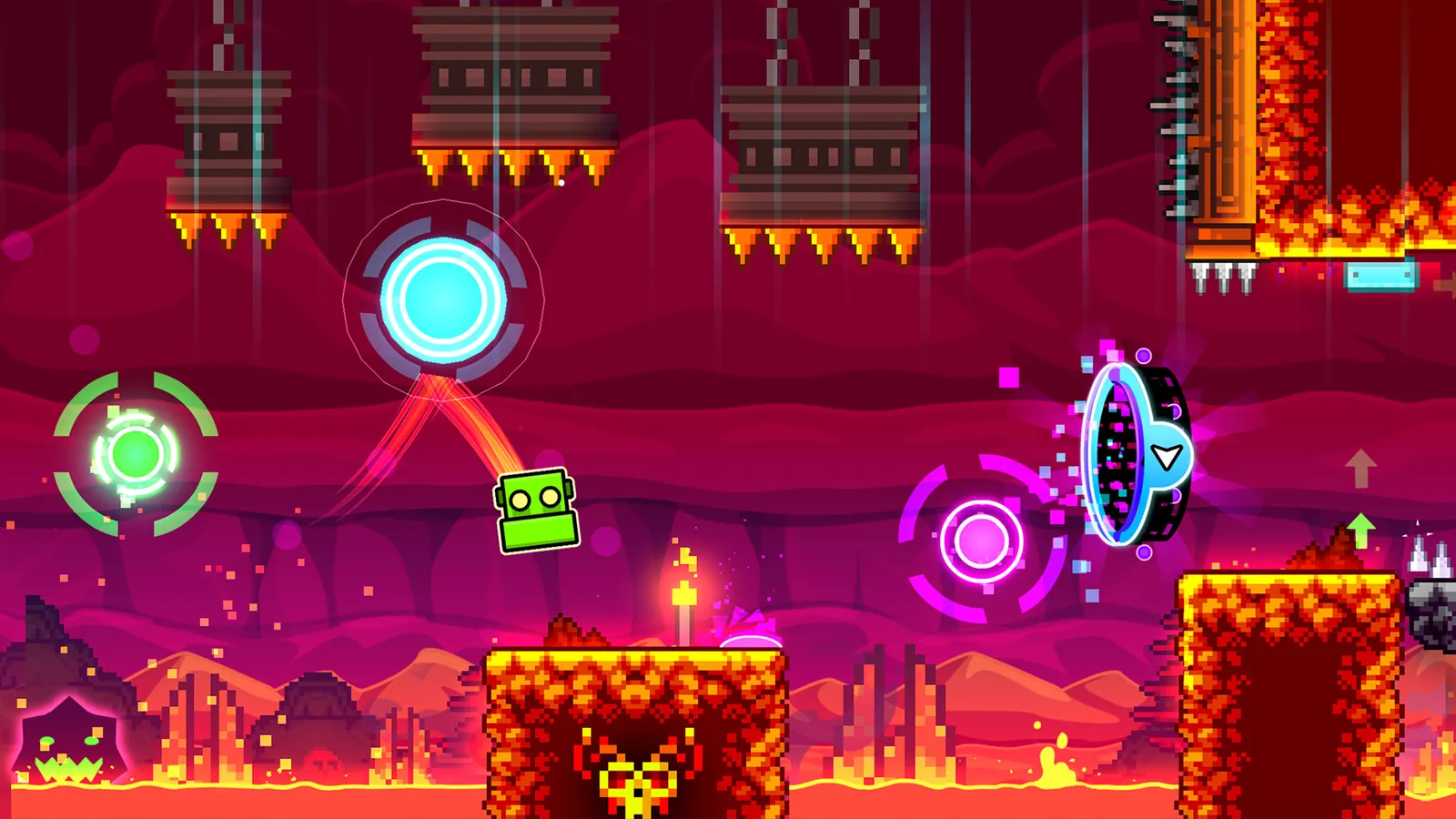 Geometry Dash gameplay: the cube jumping over spikes in a neon level